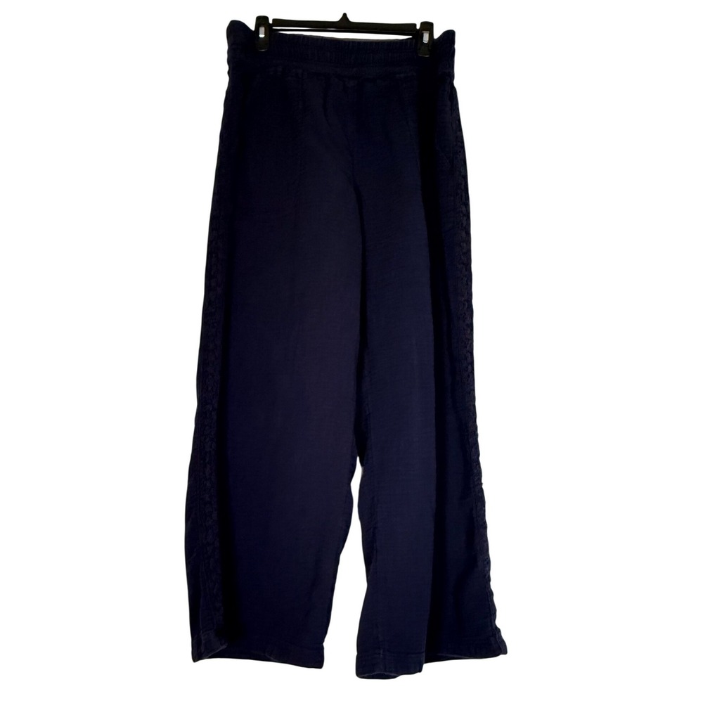 Aerie Navy Blue Cotton Gauze Wide Leg Pants Crochet Trim Large